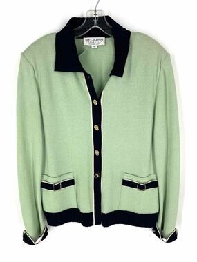 St. John Collection Size 12 Mint/Navy Trim Knit Vintage Designer Cardigan